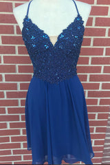 Blue Homecoming Dress V Neck Lace Chiffon Short Party Cocktail Dress