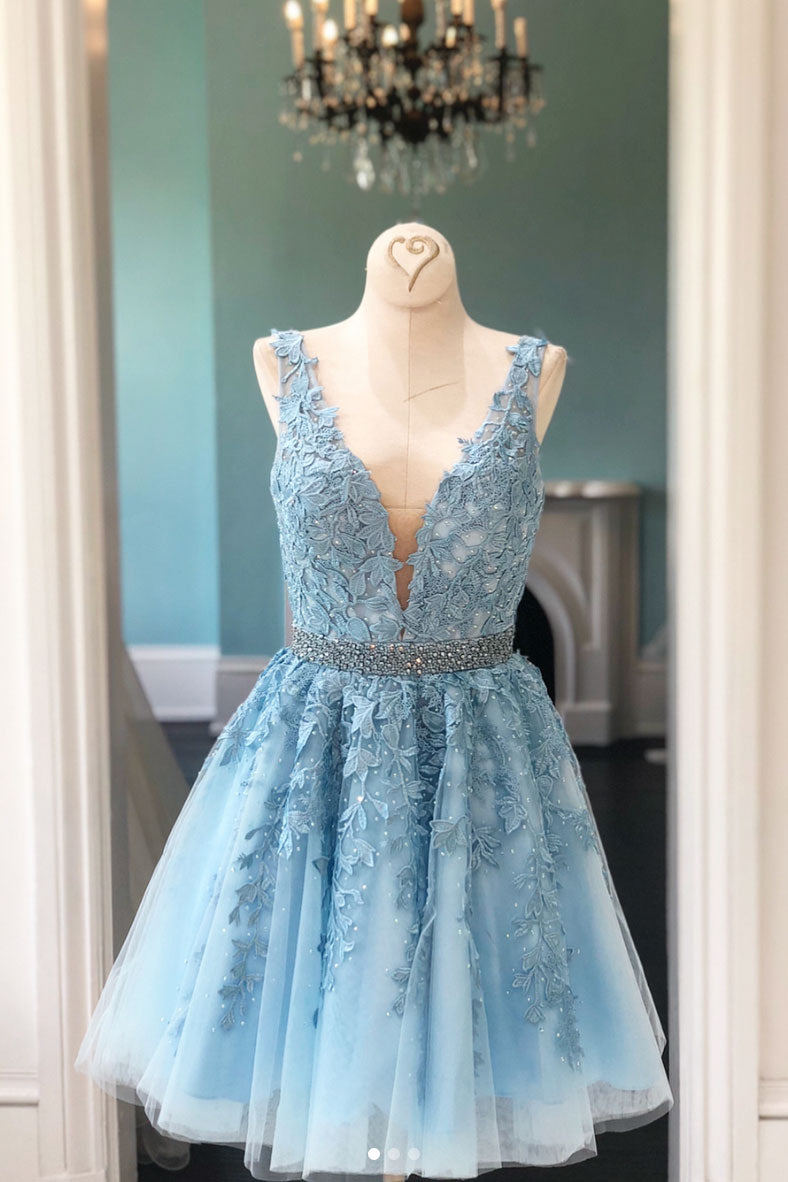Blue Homecoming Dress V Neck Lace Tulle Short Party Cocktail Dress