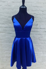 Blue Homecoming Dress V Neck Satin Short Party Cocktail Dress