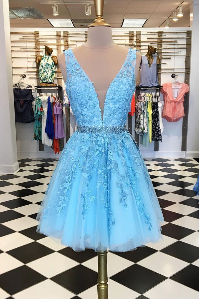 Blue Homecoming Dress V Neck Tulle Lace Appliques Short Party Cocktail Dress