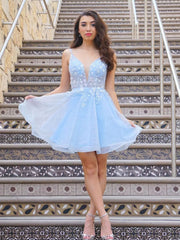 Blue Homecoming Dress V Neck Tulle Lace Short Party Cocktail Dress
