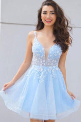 Blue Homecoming Dress V Neck Tulle Lace Short Party Cocktail Dress