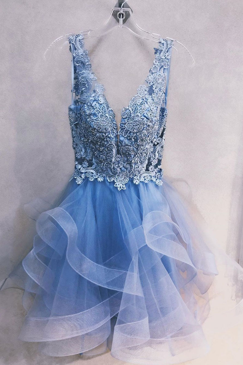 Blue Homecoming Dress V Neck Tulle Lace Short Party Cocktail Dress