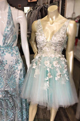 Blue Homecoming Dress V Neck Tulle Lace Short Party Cocktail Dress