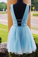 Blue Homecoming Dress V Neck Tulle Short Party Cocktail Dress