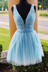 Blue Homecoming Dress V Neck Tulle Short Party Cocktail Dress