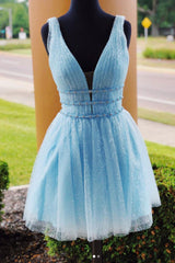 Blue Homecoming Dress V Neck Tulle Short Party Cocktail Dress