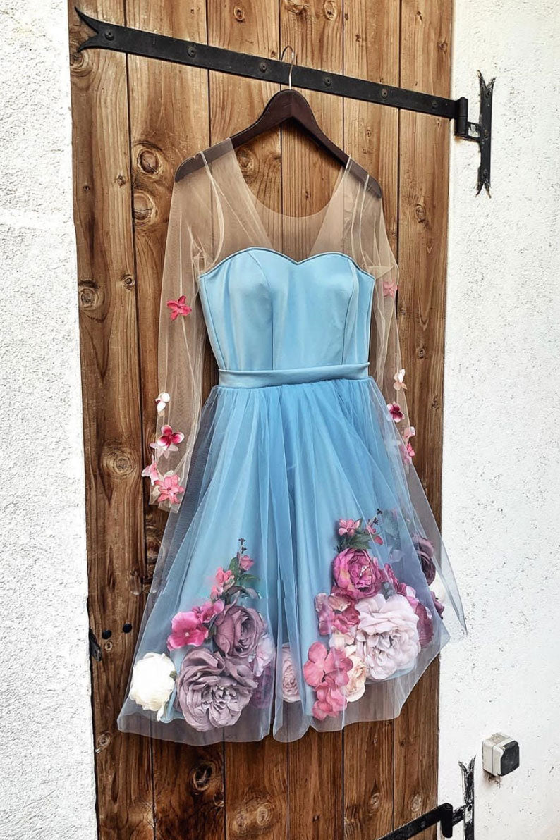 Blue Homecoming Dress V Neck Tulle Short Party Cocktail Dress