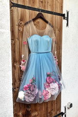 Blue Homecoming Dress V Neck Tulle Short Party Cocktail Dress
