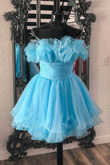Blue Homecoming Dresses A-Line Strapless Ruffled Short Cocktail Dresses