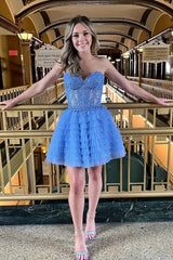 Blue Homecoming Dresses A Line Strapless Tiered Short Cocktail Dresses With Appliques
