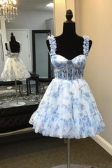 Blue Homecoming Dresses Corset A Line Floral Printed Short Cocktail Dresses