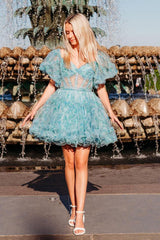 Blue Homecoming Dresses Floral Corset A-Line Short Cocktail Dresses