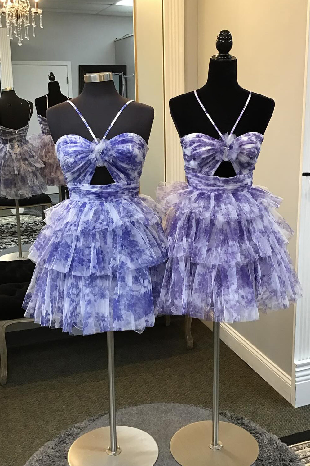 Blue Homecoming Dresses Halter A Line Tiered Floral Printed Cocktail Dresses