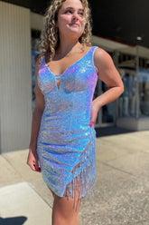 Blue Homecoming Dresses Sequin Tight Short Cocktail Dresses with Fringes