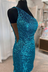 Blue Homecoming Dresses Sequined One Shoulder Tight Short Cocktail Dresses
