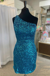 Blue Homecoming Dresses Sequined One Shoulder Tight Short Cocktail Dresses