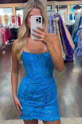Blue Homecoming Dresses Strapless Corset Tight Short Cocktail Dresses