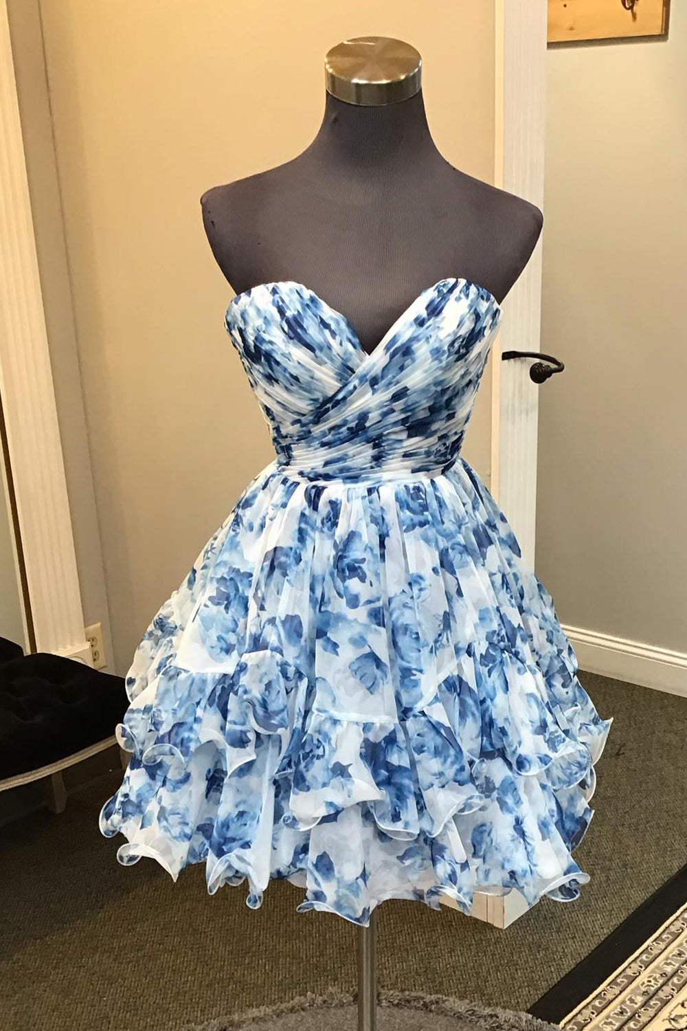 Blue Homecoming Dresses Sweetheart A Line Printed Tiered Cocktail Dresses