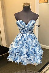 Blue Homecoming Dresses Sweetheart A Line Printed Tiered Cocktail Dresses
