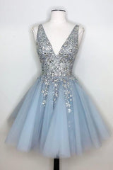 Blue Homecoming Dresses V Neck Cocktail Dresses With Beadings