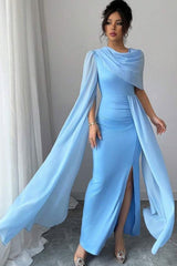 Blue Mermaid Prom Dress Cap Sleeve Crew Neck Satin Formal Dress