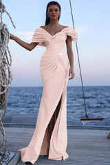 Blue Mermaid Prom Dress Cap Sleeve Off the Shoulder Formal Dress With Beadings