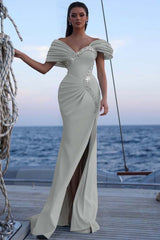 Blue Mermaid Prom Dress Cap Sleeve Off the Shoulder Formal Dress With Beadings