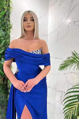Blue Mermaid Prom Dress Cap Sleeve Off the Shoulder Formal Dress With Beadings and Rhinestones