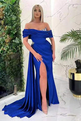 Blue Mermaid Prom Dress Cap Sleeve Off the Shoulder Formal Dress With Beadings and Rhinestones