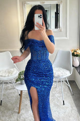 Blue Mermaid Prom Dress Cap Sleeve Off the Shoulder Sequined Formal Dress