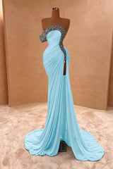 Blue Mermaid Prom Dress Cap Sleeve One Shoulder Formal Dress With Beadings and Rhinestones