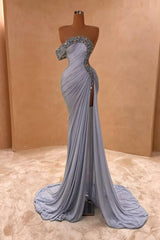Blue Mermaid Prom Dress Cap Sleeve One Shoulder Formal Dress With Beadings and Rhinestones