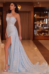 Blue Mermaid Prom Dress Cap Sleeve One Shoulder Formal Dress With Sequins
