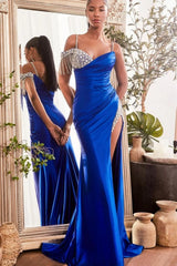 Blue Mermaid Prom Dress Cap Sleeve Spaghetti Straps Formal Dress With Beadings and Rhinestones