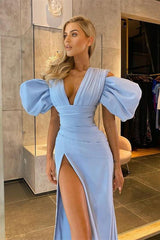 Blue Mermaid Prom Dress Cap Sleeve V Neck Satin Formal Dress