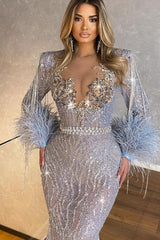 Blue Mermaid Prom Dress Long Sleeve Crew Neck Formal Dress
