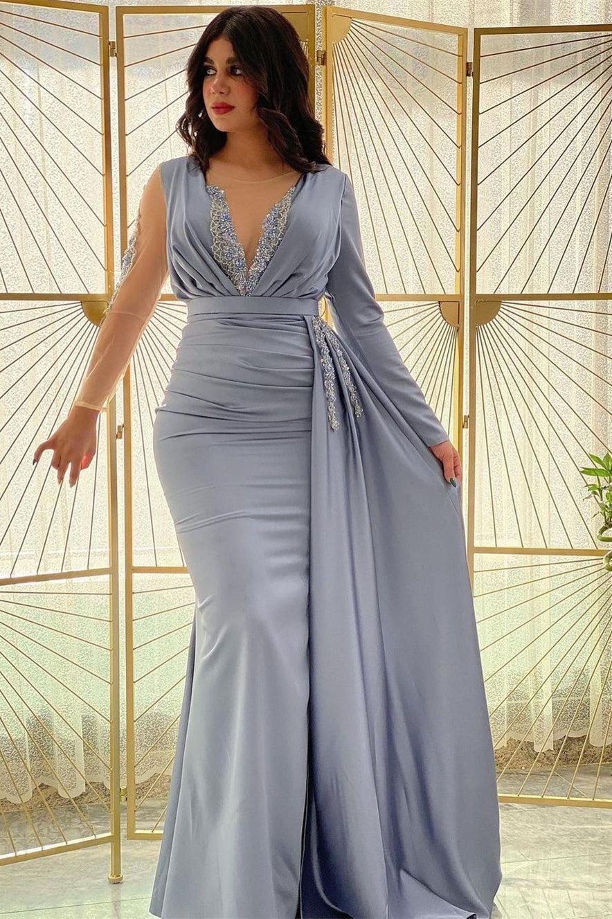Blue Mermaid Prom Dress Long Sleeve Crew Neck Formal Dress With Beadings and Rhinestones