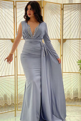 Blue Mermaid Prom Dress Long Sleeve Crew Neck Formal Dress With Beadings and Rhinestones