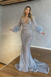 Blue Mermaid Prom Dress Long Sleeve Crew Neck Formal Dress