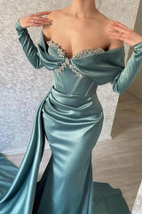 Blue Mermaid Prom Dress Long Sleeve Off the Shoulder Formal Dress With Beadings and Rhinestones