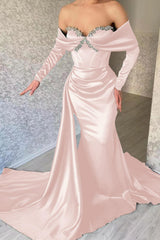 Blue Mermaid Prom Dress Long Sleeve Off the Shoulder Formal Dress With Beadings and Rhinestones
