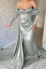 Blue Mermaid Prom Dress Long Sleeve Off the Shoulder Formal Dress With Beadings and Rhinestones