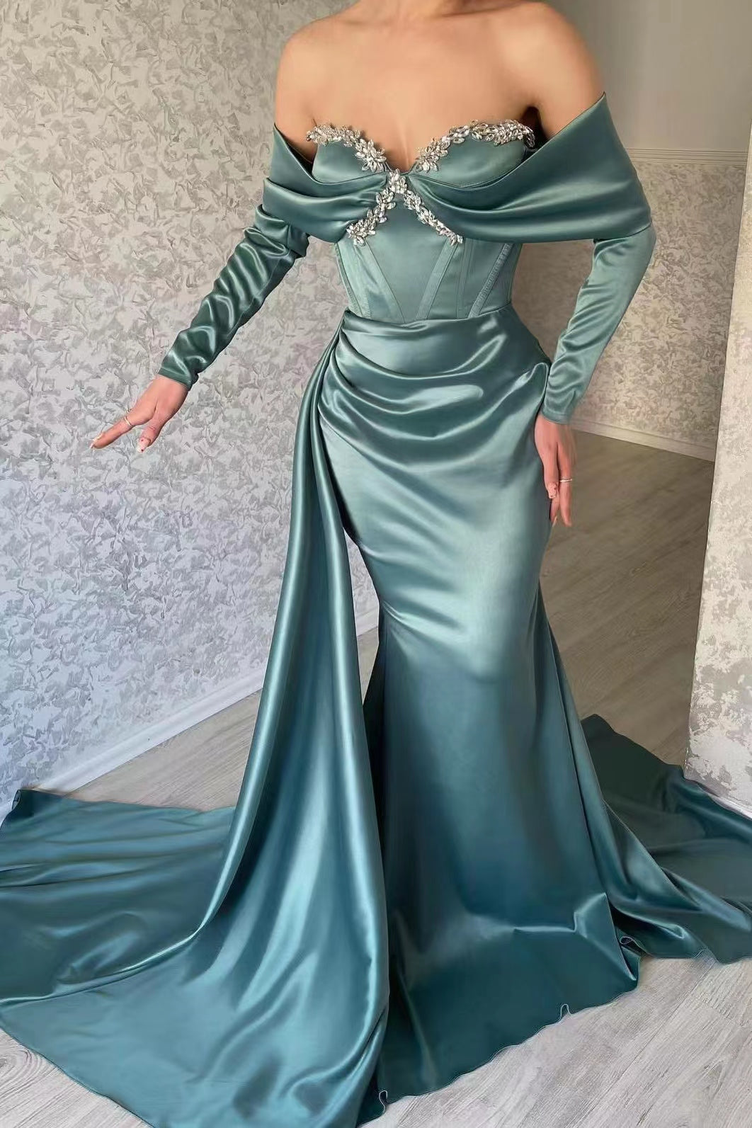 Blue Mermaid Prom Dress Long Sleeve Off the Shoulder Formal Dress With Beadings and Rhinestones