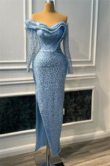 Blue Mermaid Prom Dress Long Sleeve Off the Shoulder Formal Dress With Sequins