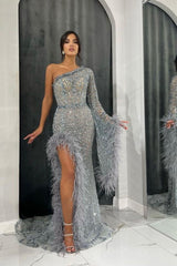 Blue Mermaid Prom Dress Long Sleeve One Shoulder Formal Dress With Beadings and Rhinestones