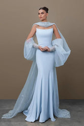 Blue Mermaid Prom Dress Long Sleeve Spaghetti Straps Satin Formal Dress With Sequins