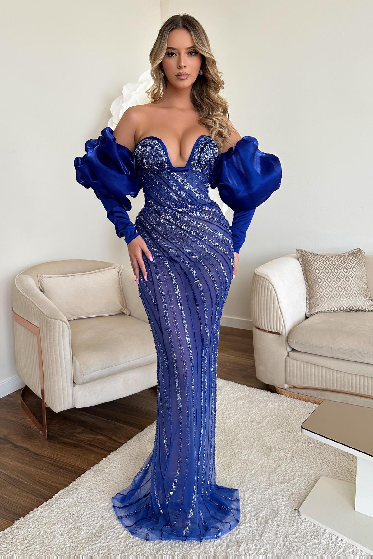 Blue Mermaid Prom Dress Long Sleeve Sweetheart Formal Dress With Beadings and Rhinestones