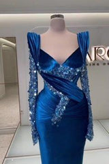 Blue Mermaid Prom Dress Long Sleeve V Neck Satin Formal Dress With Sequins