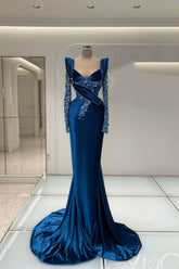 Blue Mermaid Prom Dress Long Sleeve V Neck Satin Formal Dress With Sequins